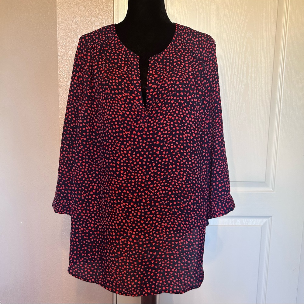 Jasmine & Juliana Black with Petite Red Hearts Notched V Neckline Blouse Size 2X